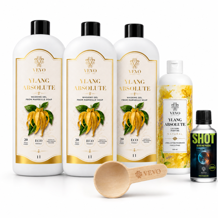 Csomag: 1× Vevo Ylang Absolute mosóparfüm 500 ml + 3× mosógél 1 l