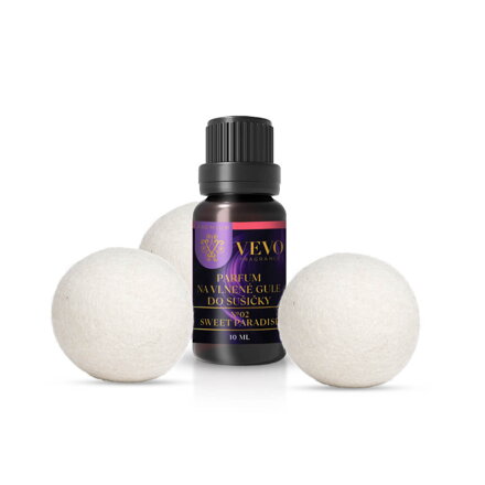 Gyapjú szárítógolyók + Vevo Premium No.02 Sweet Paradise szárítógép parfüm 10ml