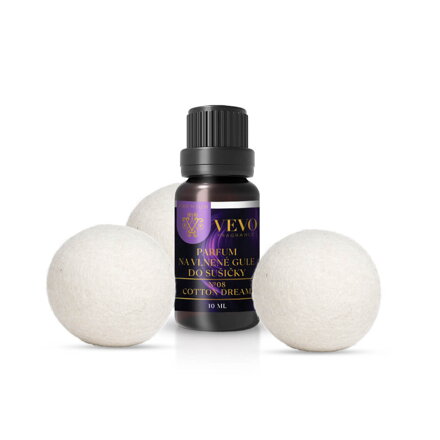 Gyapjú szárítógolyók + Vevo Premium No.08 Cotton Dream szárítógép parfüm 10ml