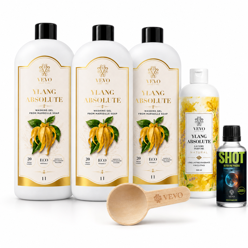 Csomag: 1× Vevo Ylang Absolute mosóparfüm 500 ml + 3× mosógél 1 l