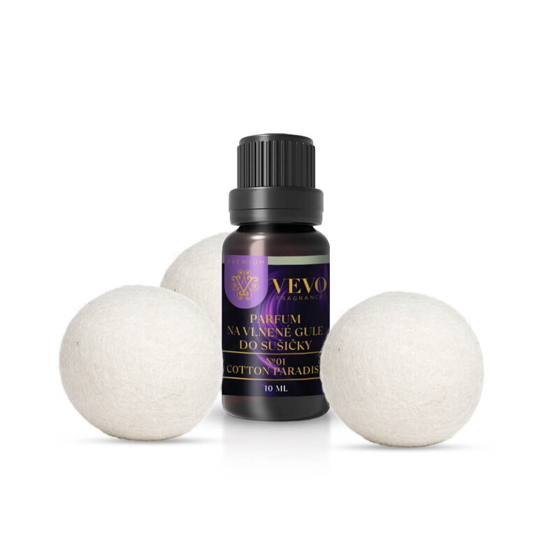 Gyapjú szárítógolyók + Vevo Premium No.01 Cotton Paradise szárítógép parfüm 10ml