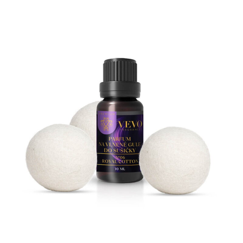 Gyapjú szárítógolyók + Vevo Premium No.06 Royal Cotton szárítógép parfüm 10ml